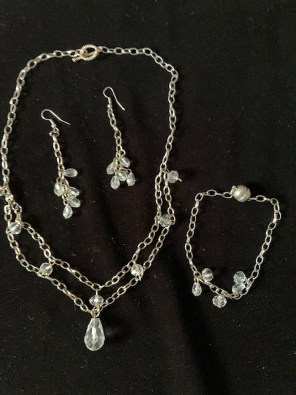 Clear Crystal on Silver and Gold Chain Beaded Necklace, Bracelet and Earring Set